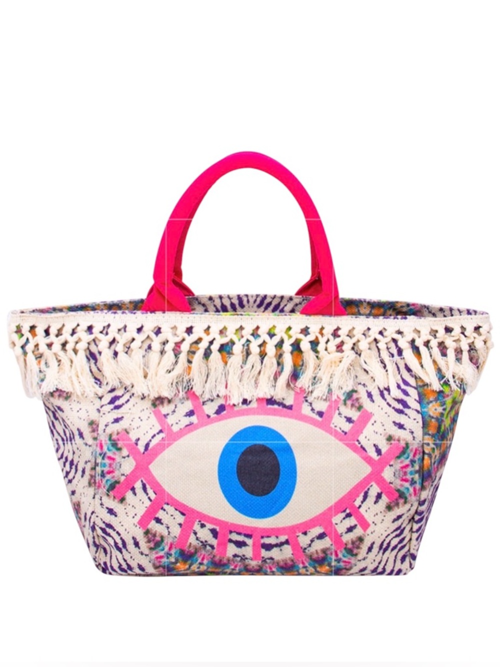 Evil Eye Hot Pink Multicolor Pastel Tie Dye Cream Fringe Trim 22" Tote Beach Bag